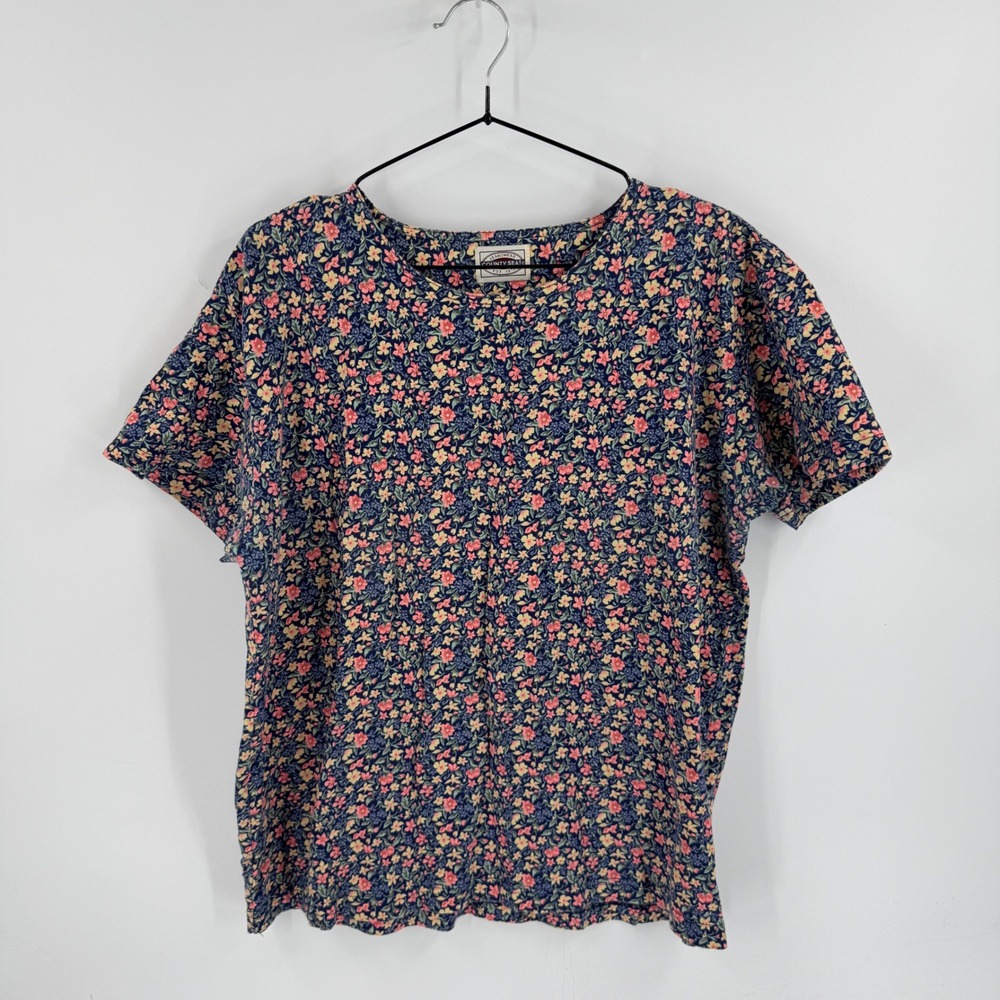 Vintage County Seat Floral T-Shirt Size L Blue Pink Cottage 100% Cotton Granola
